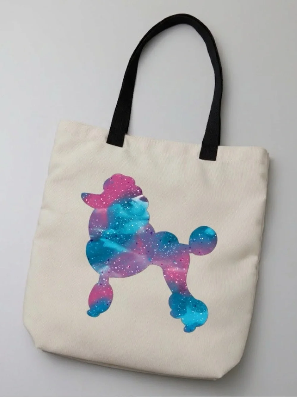 Canvas Tote Bag with Galaxy Poodle Print - Cream/Black